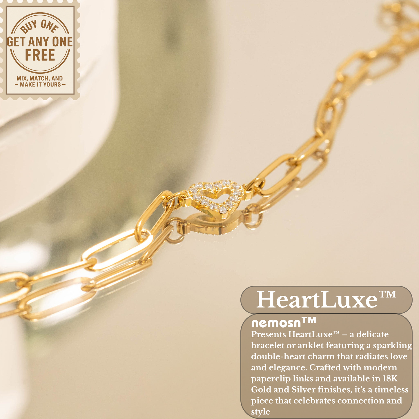 HeartLuxe™ 18K Gold & Silver Heart Paperclip Chain Bracelet – Dainty Adjustable Love Jewelry for Women