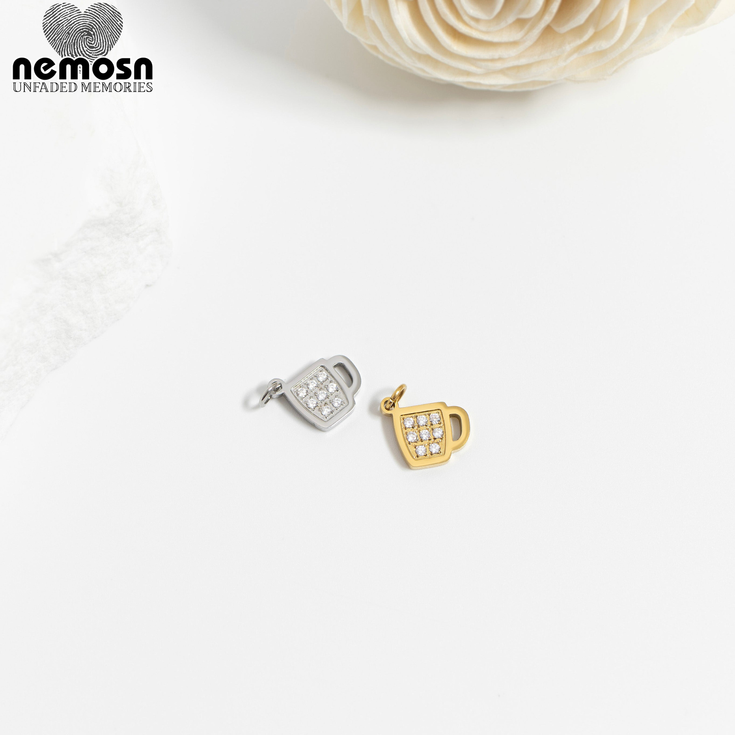BrewGleam™ Pendant – 18K Gold & Silver Stainless Steel Coffee Cup Charm with CZ Stones | Coffee Lover, Everyday Shine Jewelry by Nemosn