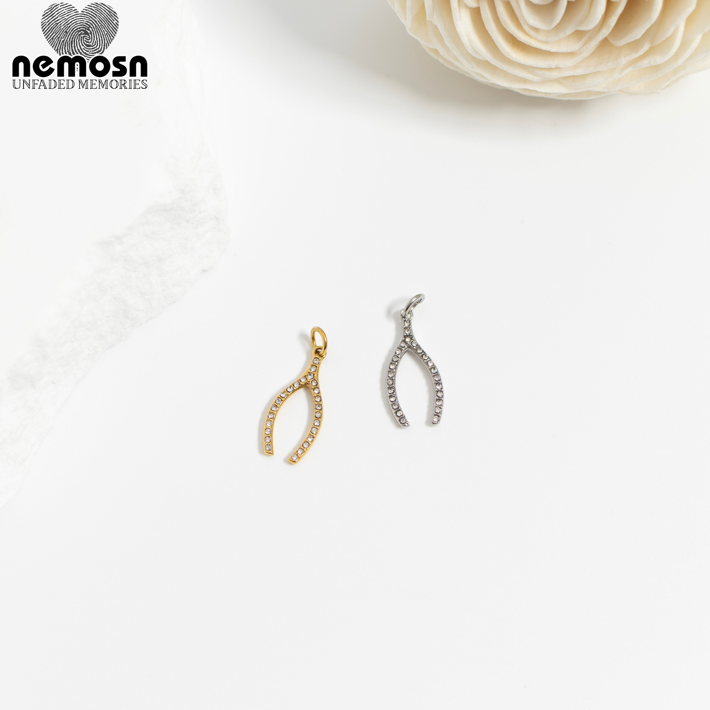 WishGleam™ Pendant – 18K Gold & Silver Stainless Steel Wishbone Charm with CZ Stones | Luck, Hope & Positivity Jewelry by Nemosn