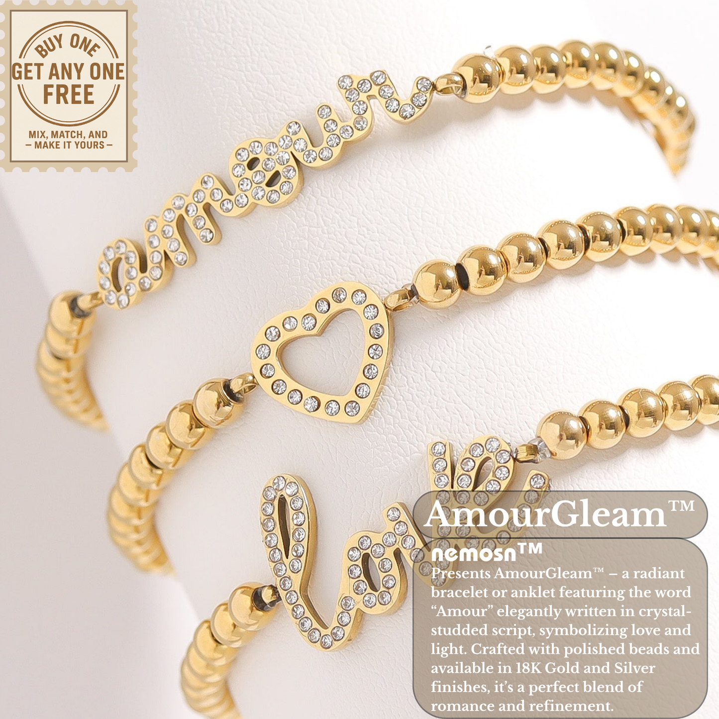 AmourGleam™ 18K Gold & Silver Beaded “Amour” Bracelet – Stretch Fit Minimalist Love Jewelry for Women