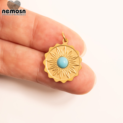 SunAura™ – Turquoise Sunburst Pendant in 18K Gold & Silver Finish