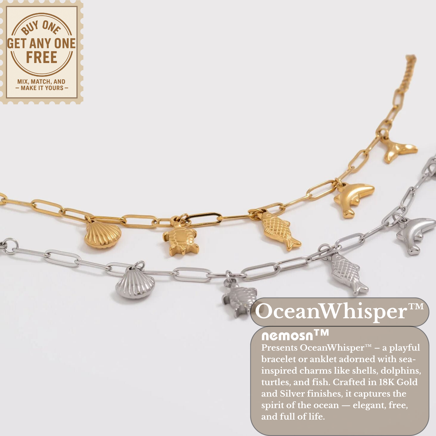 OceanWhisper™ Sea Charm Bracelet – Gold & Silver Paperclip Chain with Shell, Fish, Dolphin & Turtle Charms | Beachy Aesthetic Jewelry Gift