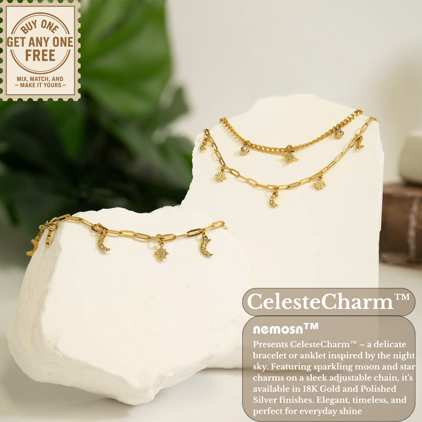 CelesteCharm™ 18K Gold & Silver Moon and Star Paperclip Chain Bracelet – Dainty Adjustable Celestial Jewelry for Women