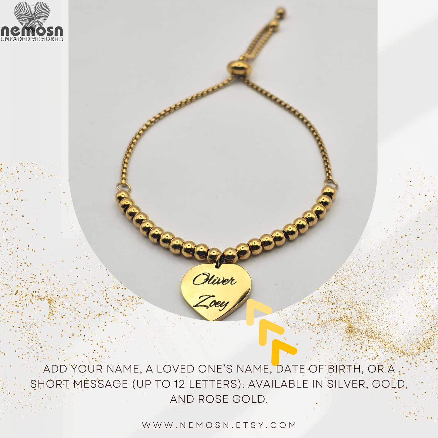 HeartLuxe™ – Custom Engravable Heart Charm Bracelet