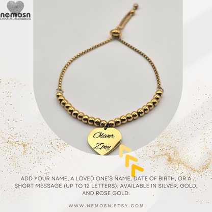 HeartLuxe™ – Custom Engravable Heart Charm Bracelet