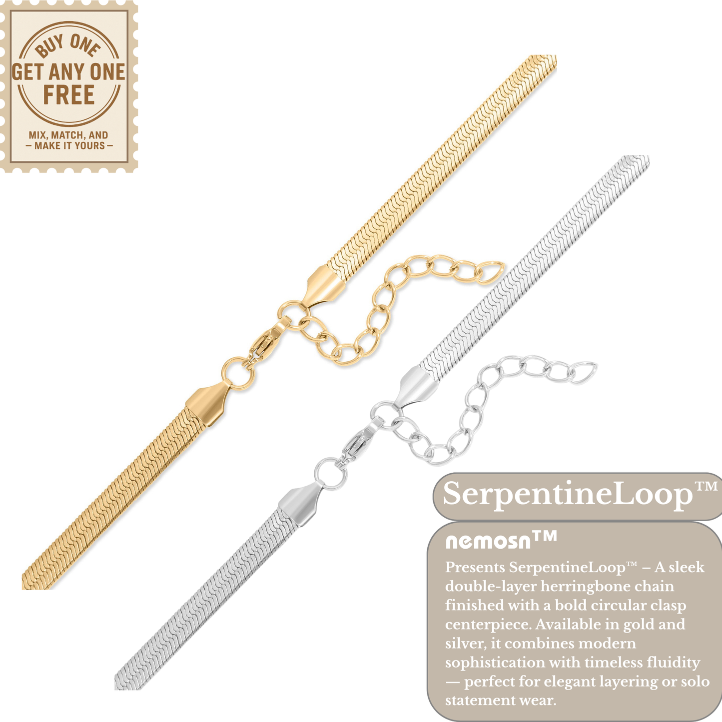 SerpentineLoop™ Herringbone Stackable Necklace with Loop Pendant | Gold & Silver Modern Layering Chain