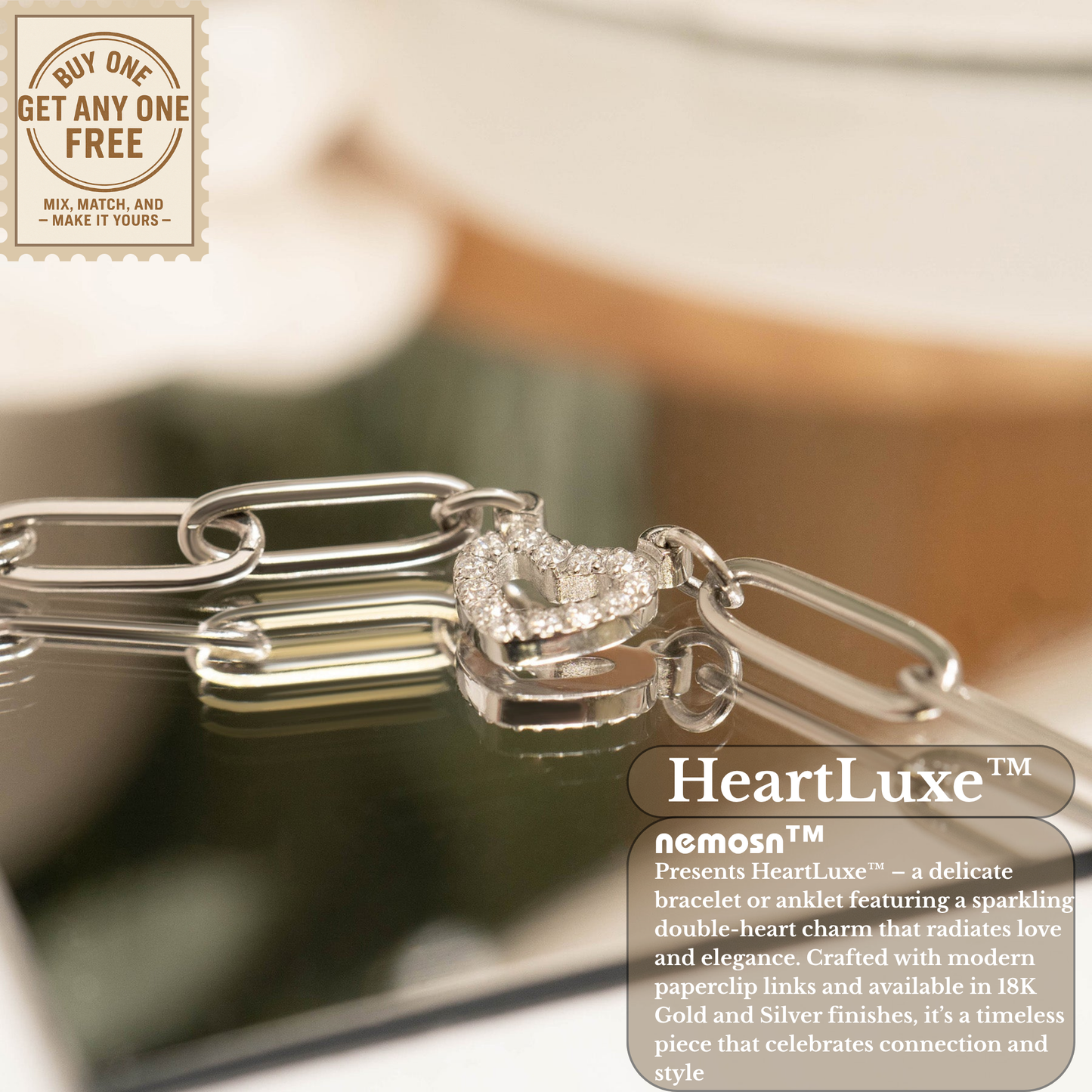 HeartLuxe™ 18K Gold & Silver Heart Paperclip Chain Bracelet – Dainty Adjustable Love Jewelry for Women