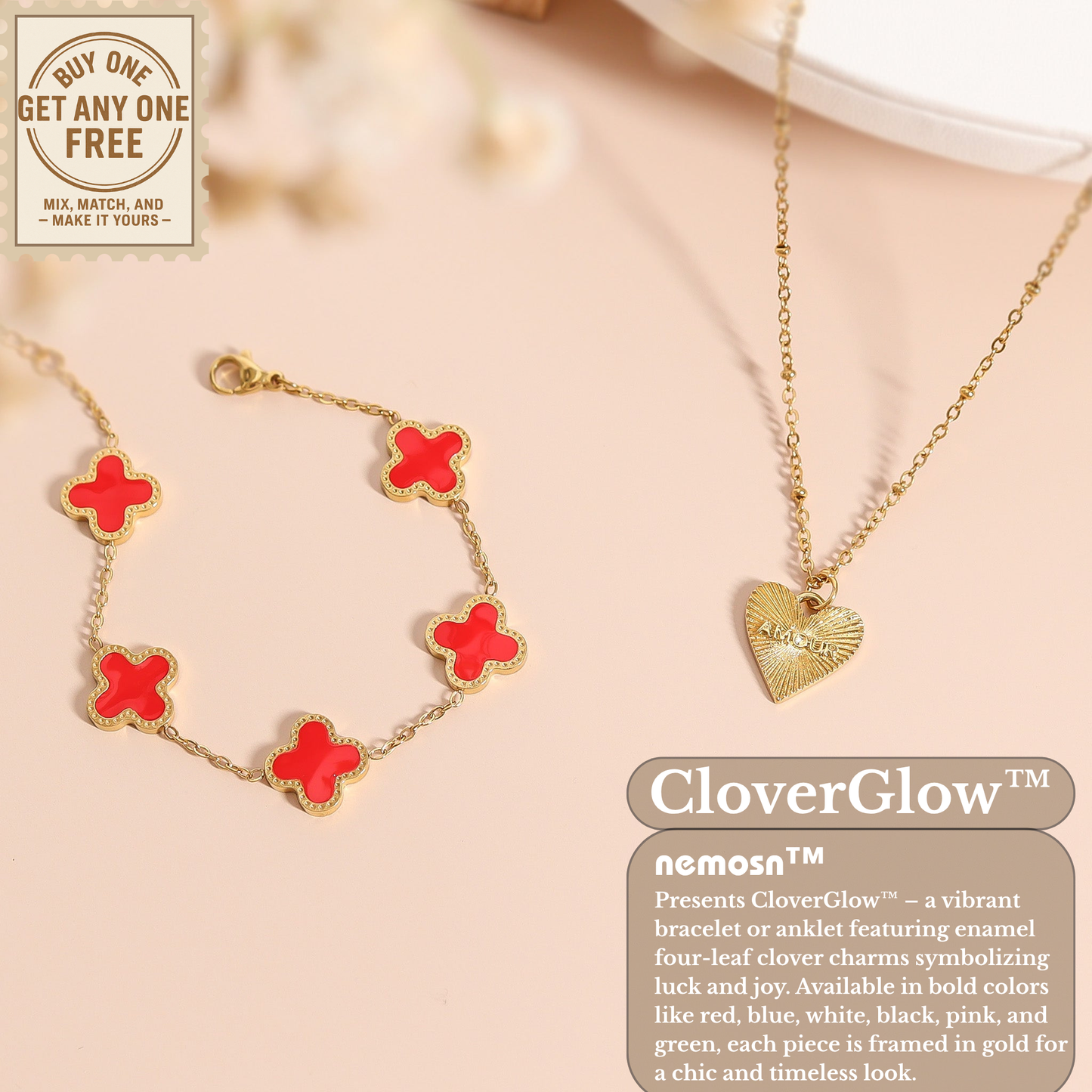 CloverGlow™ 18K Gold Clover Bracelet – Adjustable Lucky Charm Enamel Flower Jewelry for Women