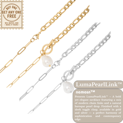 LumaPearlLink™ Baroque Pearl Toggle Necklace | Mixed Chain Statement Jewelry in Gold & Silver