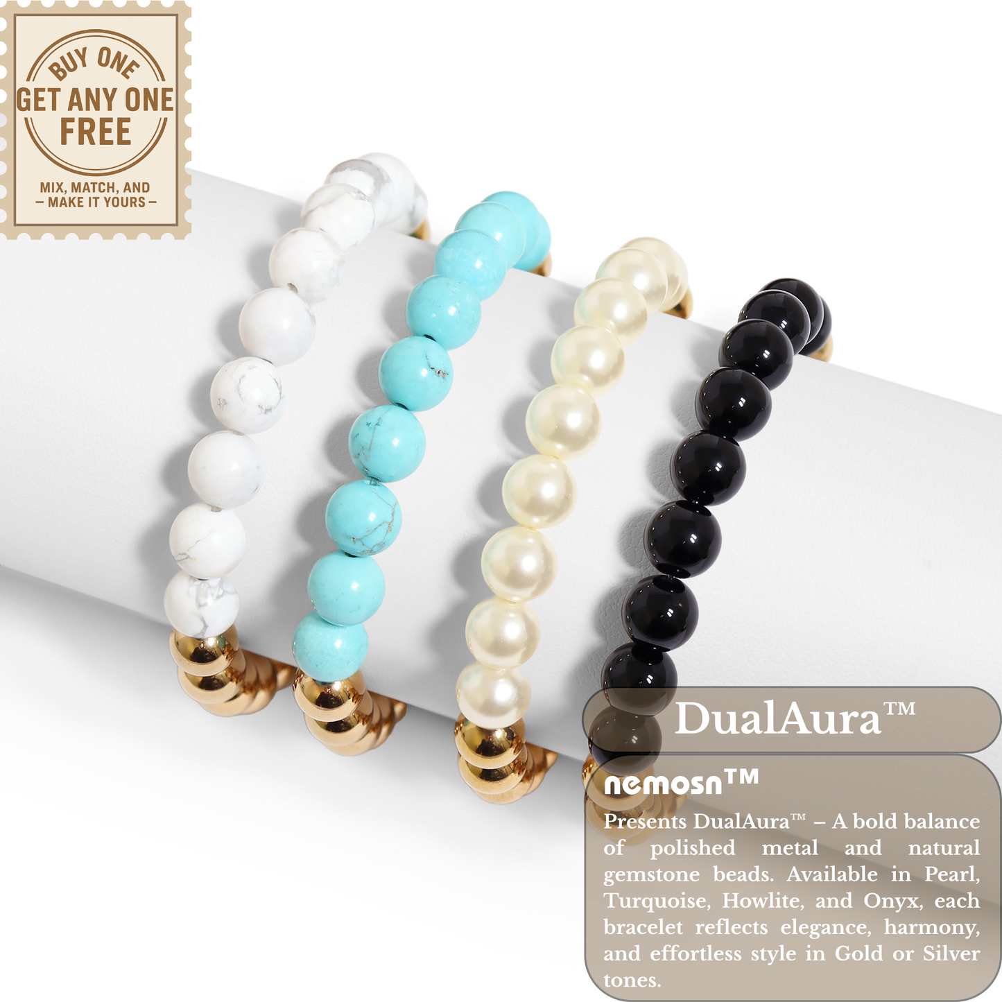 DualAura™ Gemstone Harmony Bracelet – Available in Gold & Silver with Turquoise, Howlite, Onyx & Pearl | Nemosn™ Balance & Energy Jewelry
