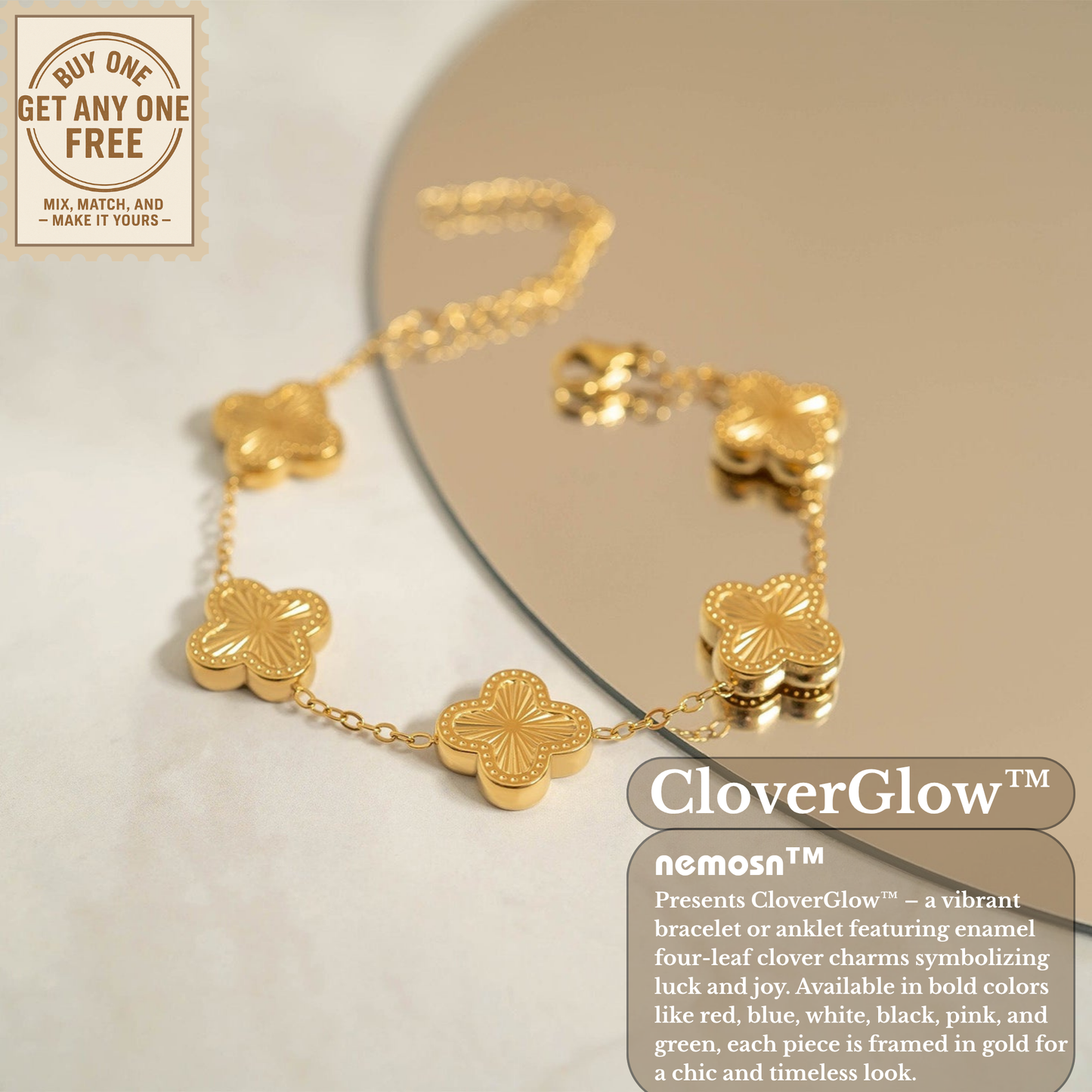 CloverGlow™ 18K Gold Clover Bracelet – Adjustable Lucky Charm Enamel Flower Jewelry for Women