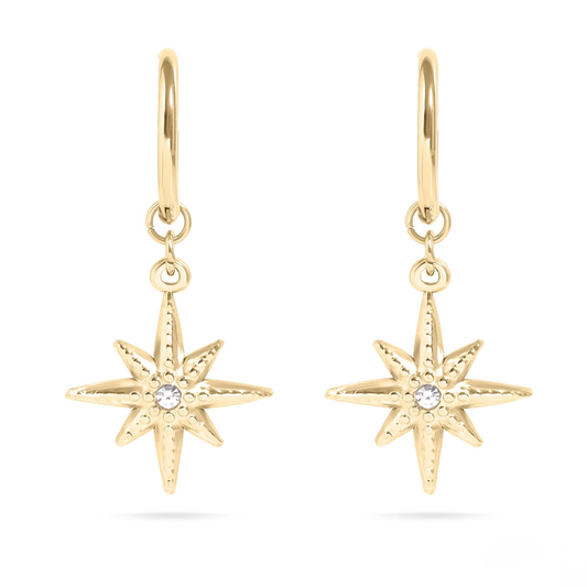 Starveil™ North Star Drop Earrings – 18K Gold & Silver Celestial Dangle Hoops with Crystal Center