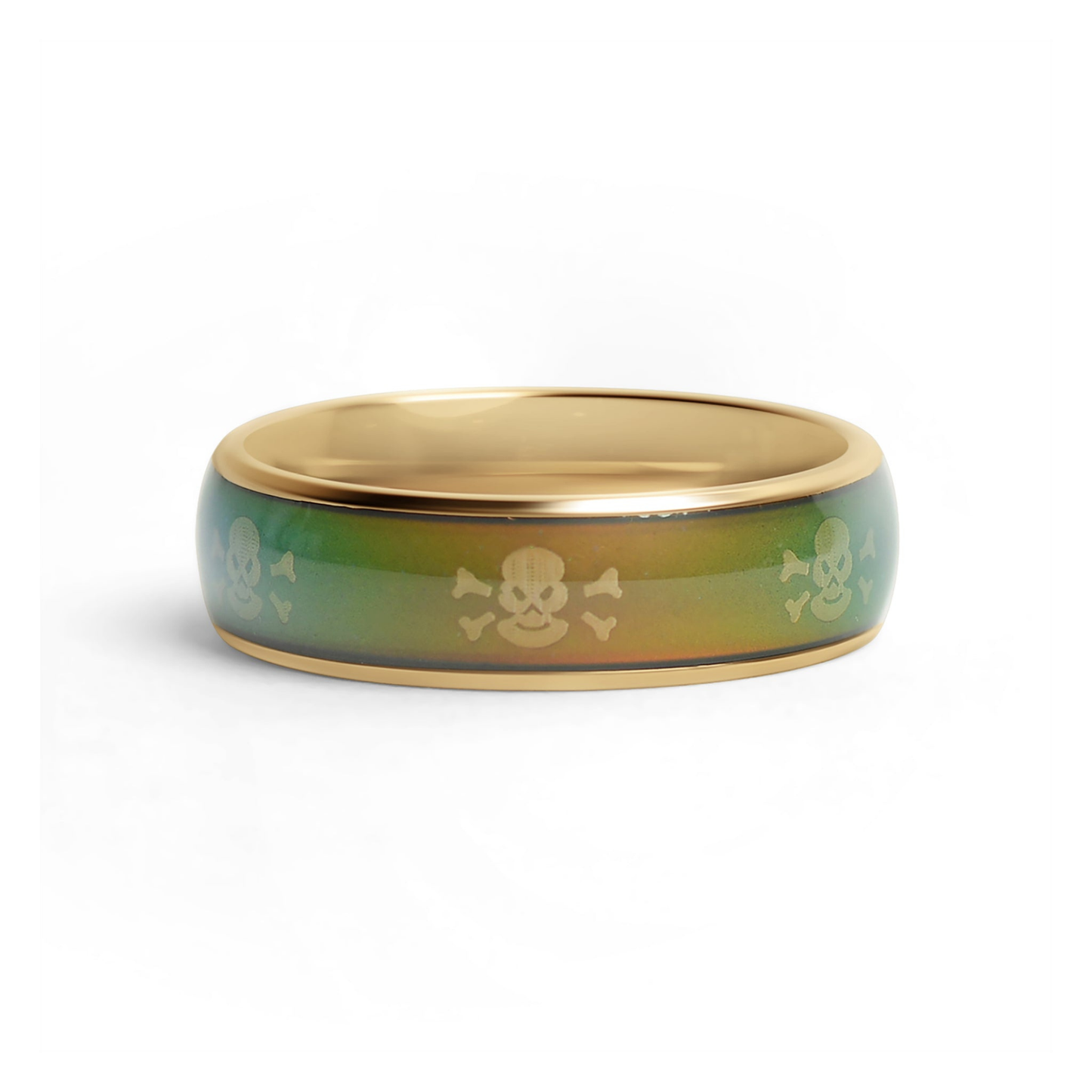 SkullGleam™ Gold Mood Ring – Color Changing Stainless Steel Skull & Bones Emotion Ring