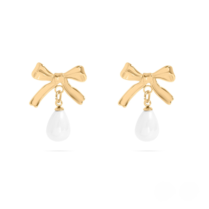 PearlBow™ Elegant Bow Drop Earrings – 18K Gold & Silver Plated Ribbon Design with Teardrop Pearl | Nemosn™ Timeless Grace Collection