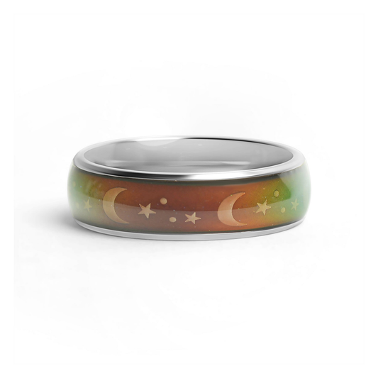 LunaGleam™ Silver Mood Ring – Color Changing Stainless Steel Moon & Stars Emotion Ring