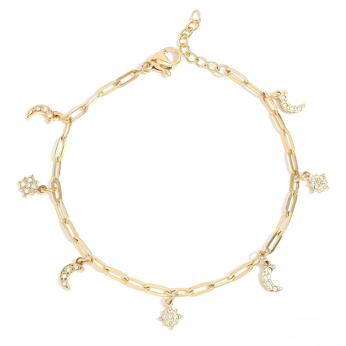 CelesteCharm™ 18K Gold & Silver Moon and Star Paperclip Chain Bracelet – Dainty Adjustable Celestial Jewelry for Women