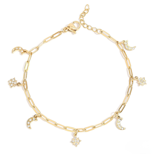 CelesteCharm™ 18K Gold & Silver Moon and Star Paperclip Chain Bracelet – Dainty Adjustable Celestial Jewelry for Women
