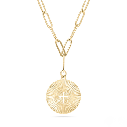 FaithRay™ Sunburst Cross Pendant Necklace | Spiritual Paperclip Chain Jewelry in Gold & Silver