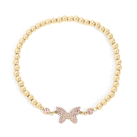 FlutterGleam™ Pink Crystal Butterfly Beaded Bracelet – Gold & Silver Dainty Bracelet | Cute Everyday Jewelry Gift for Her