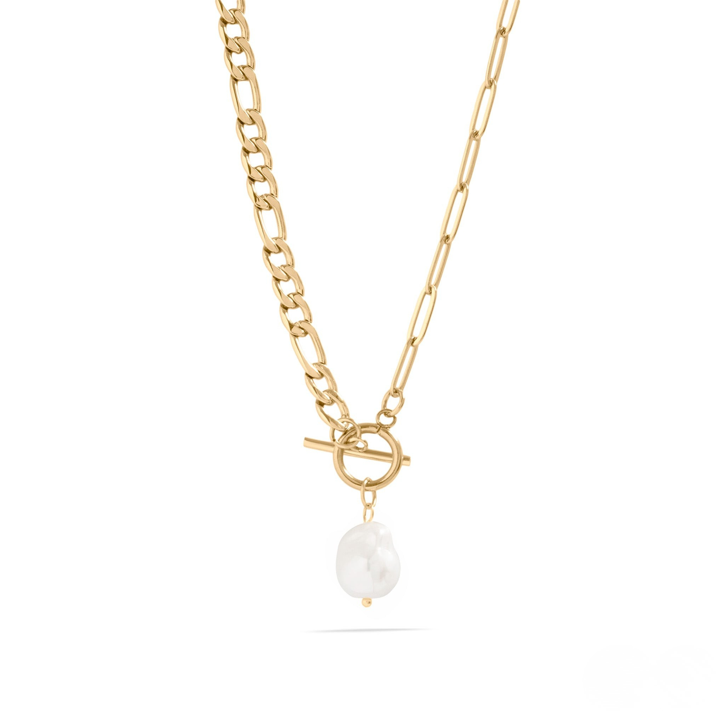 LumaPearlLink™ Baroque Pearl Toggle Necklace | Mixed Chain Statement Jewelry in Gold & Silver