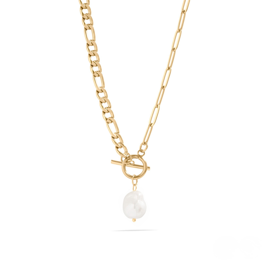 LumaPearlLink™ Baroque Pearl Toggle Necklace | Mixed Chain Statement Jewelry in Gold & Silver