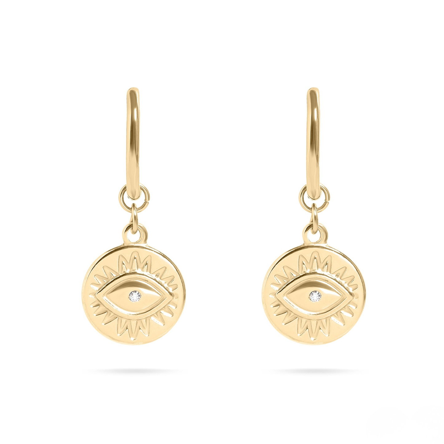 CelestiaEye™ Evil Eye Drop Earrings – 18K Gold & Silver Protection Charm Hoops with Crystal Center