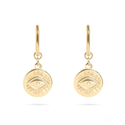 CelestiaEye™ Evil Eye Drop Earrings – 18K Gold & Silver Protection Charm Hoops with Crystal Center