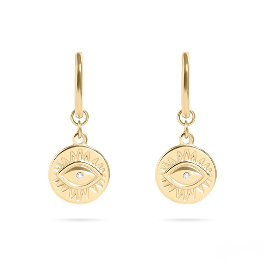 CelestiaEye™ Evil Eye Drop Earrings – 18K Gold & Silver Protection Charm Hoops with Crystal Center