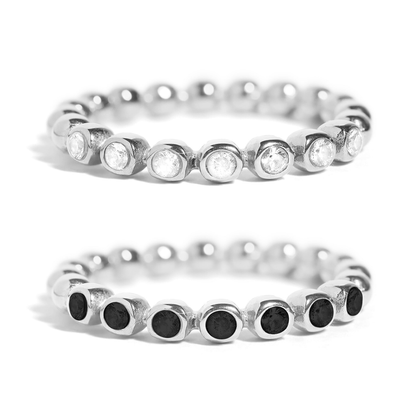 TwineLustre™ – Dual-Tone Bezel Stackable Ring in Silver | Elegant Black & White Crystal Band by Nemosn