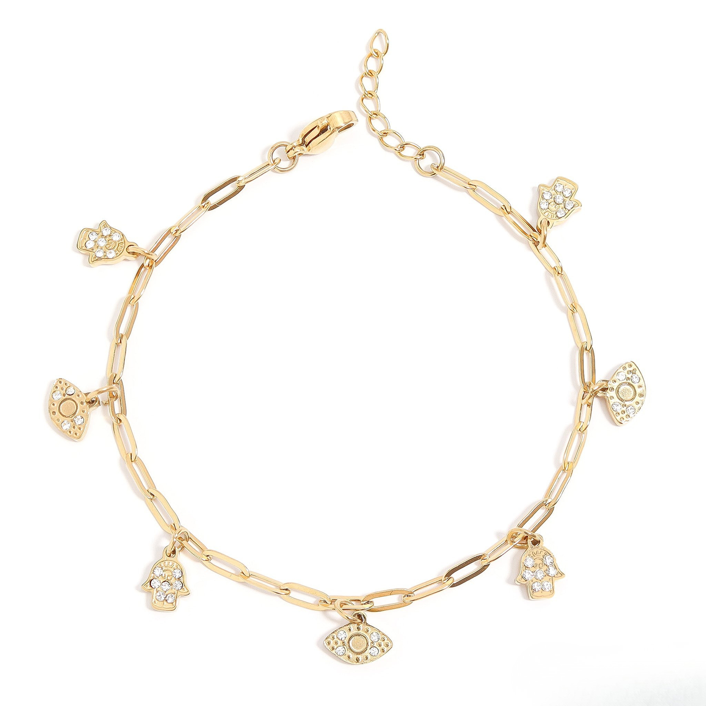 AuraGuard™ 18K Gold & Silver Evil Eye and Hamsa Hand Paperclip Chain Bracelet – Adjustable Protection Jewelry for Women