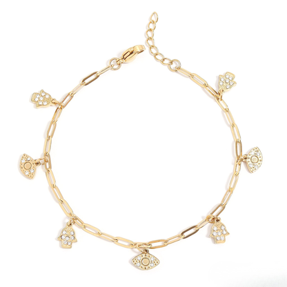 AuraGuard™ 18K Gold & Silver Evil Eye and Hamsa Hand Paperclip Chain Bracelet – Adjustable Protection Jewelry for Women