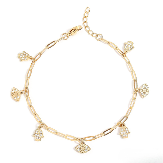 AuraGuard™ 18K Gold & Silver Evil Eye and Hamsa Hand Paperclip Chain Bracelet – Adjustable Protection Jewelry for Women