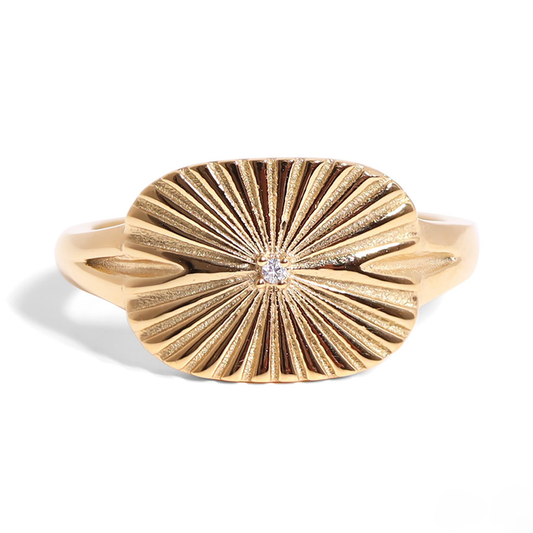 SolLuxe™ — Radiant Oval Sunburst Ring with Central Sparkle in Gold & Silver