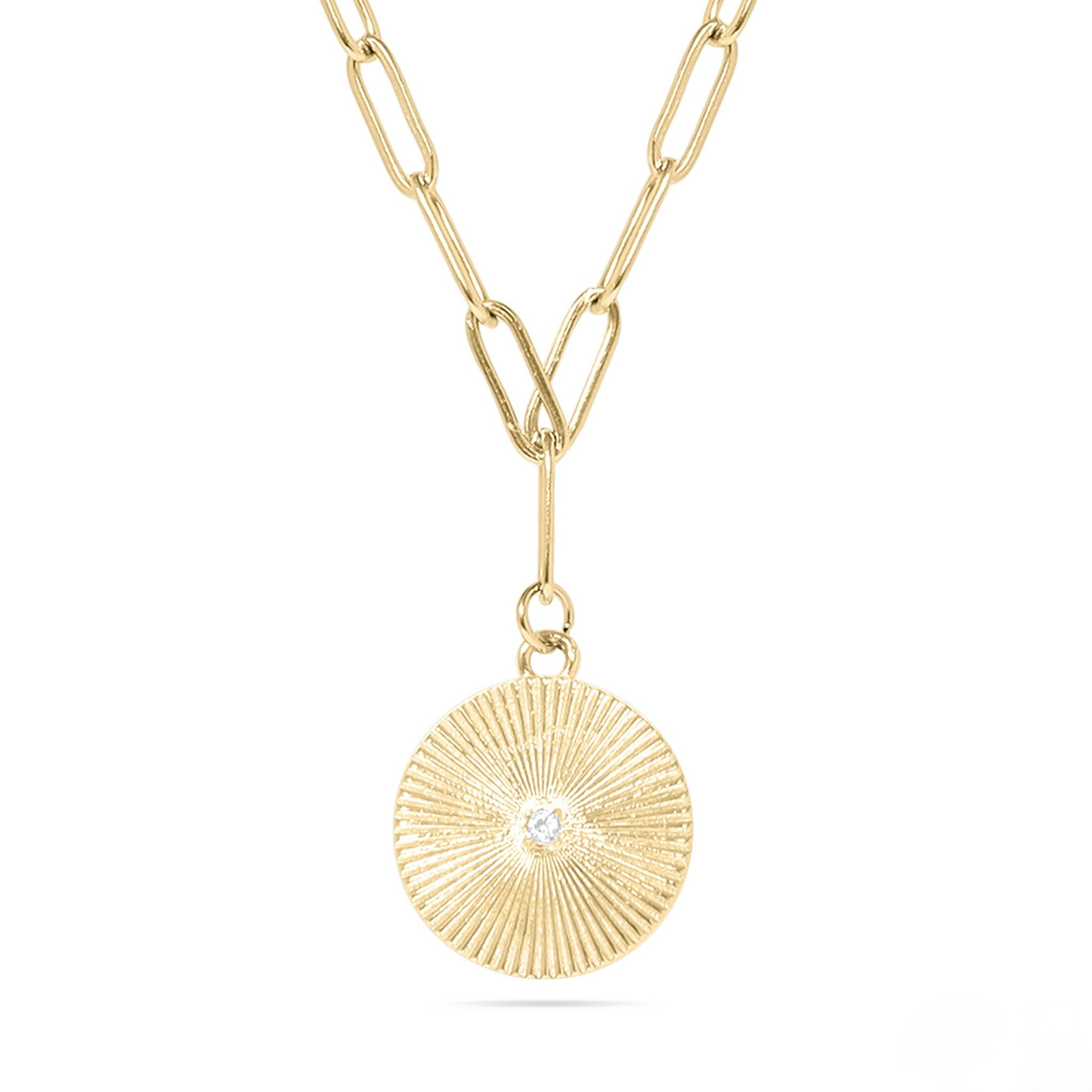Solara™ Radiant Sun Pendant Necklace | Crystal Sunburst Charm on Paperclip Chain | Gold & Silver