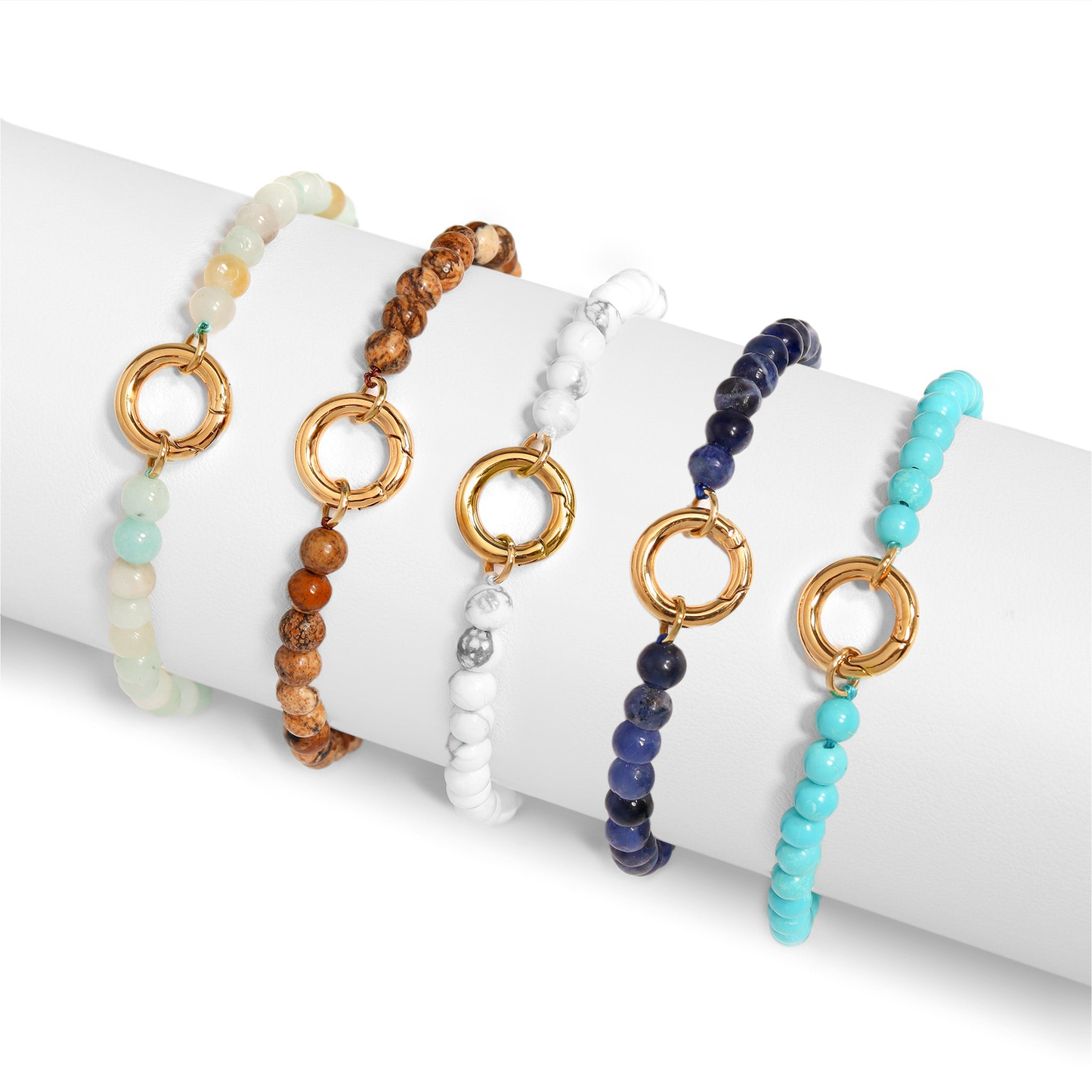 Veralink™ Gemstone Beaded Bracelet with Gold Link Accent | Natural Stone Bracelet in Picture Jasper, Amazonite, Howlite, Turquoise & Sodalite