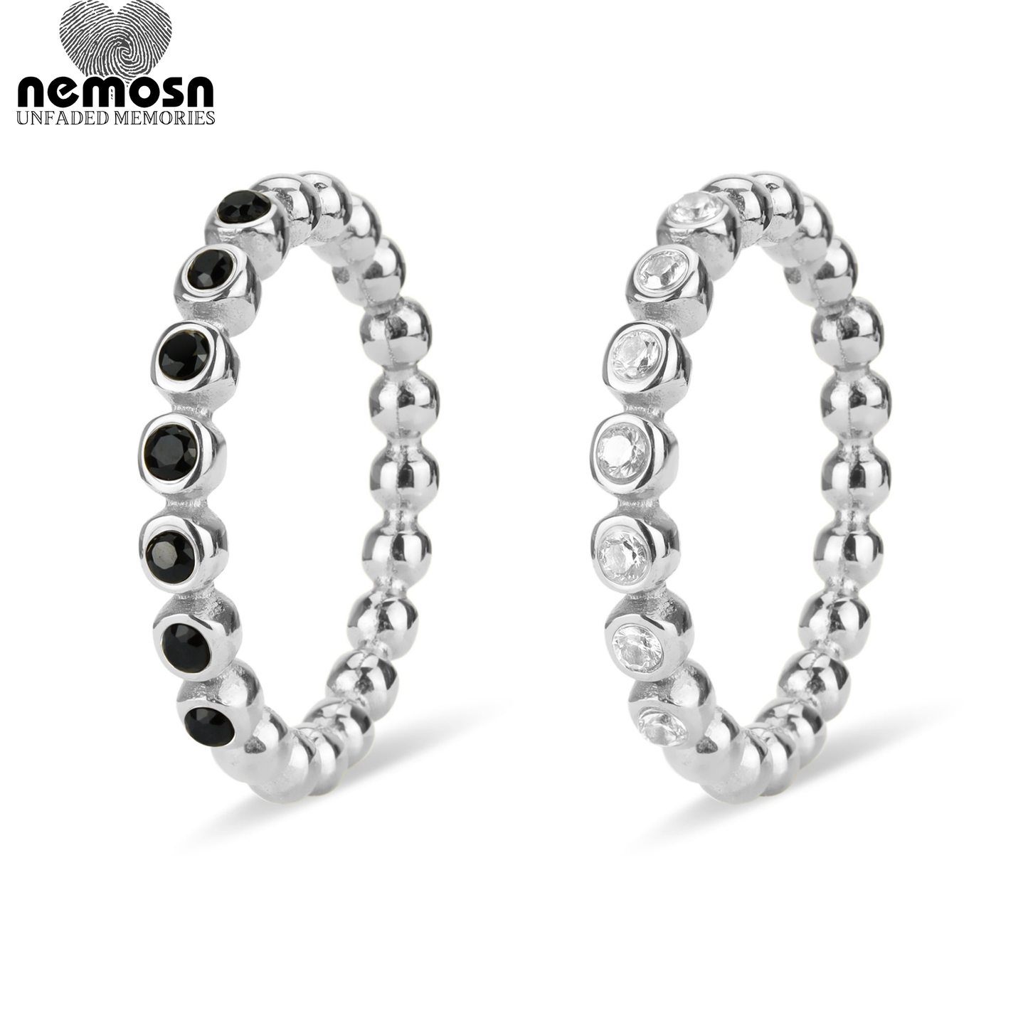 TwineLustre™ – Dual-Tone Bezel Stackable Ring in Silver | Elegant Black & White Crystal Band by Nemosn
