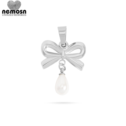 PearlBow™ Pendant – 18K Gold & Silver Stainless Steel Bow Charm with Teardrop Pearl | Elegant, Feminine & Timeless Jewelry by Nemosn