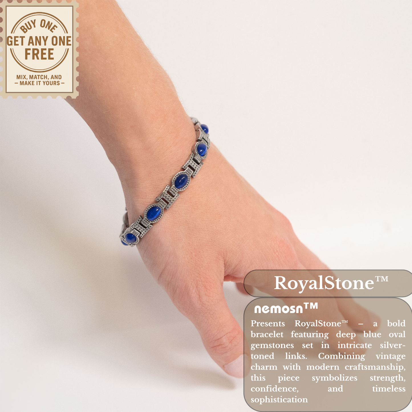 RoyalStone™ Vintage Blue Gemstone Bracelet – Bold Silver Link Design | Nemosn™ Strength & Sophistication Collection