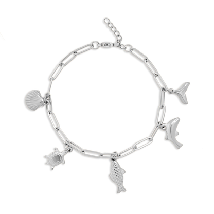 OceanWhisper™ Sea Charm Bracelet – Gold & Silver Paperclip Chain with Shell, Fish, Dolphin & Turtle Charms | Beachy Aesthetic Jewelry Gift
