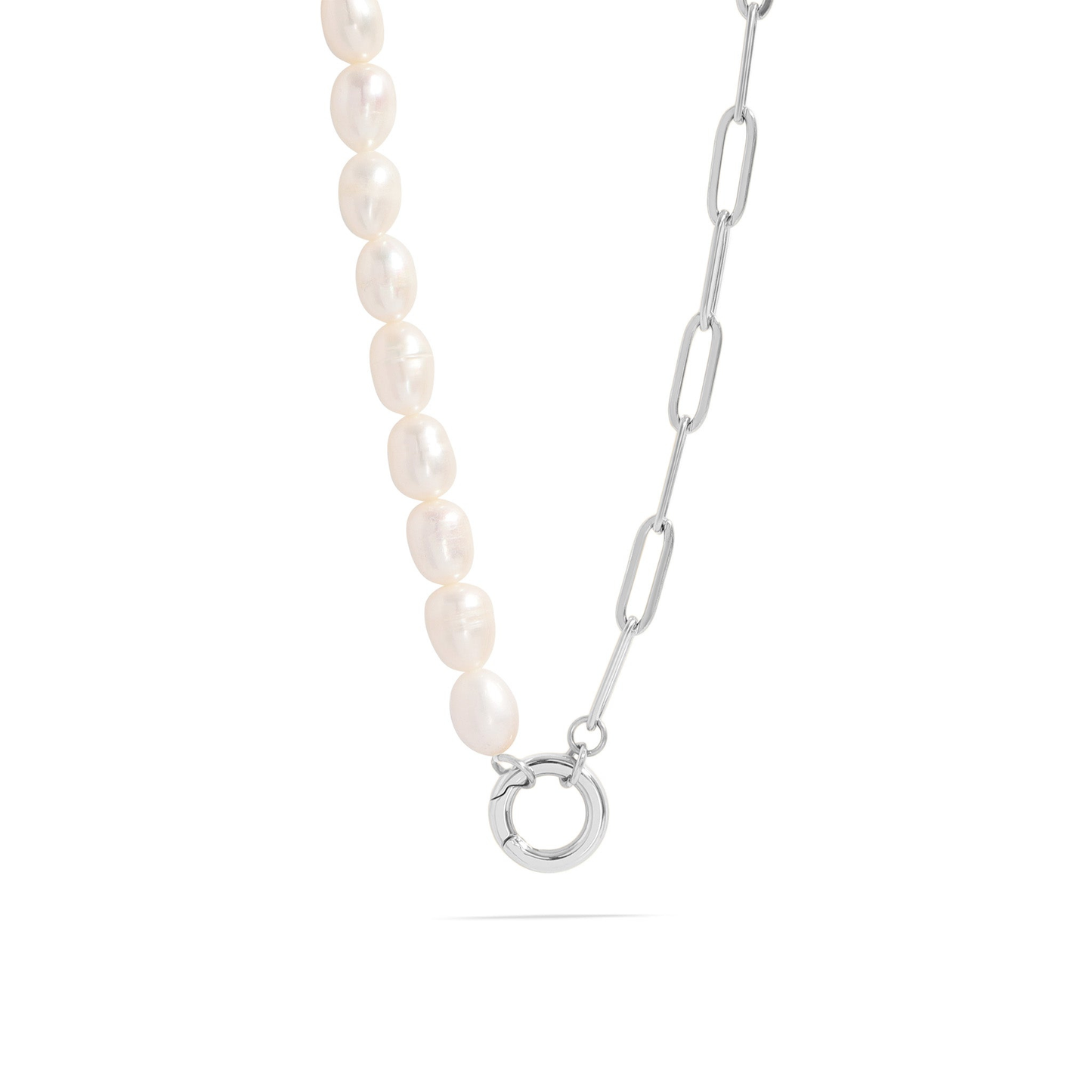 PearlLink™ Half Pearl Half Paperclip Necklace | Modern Baroque Pearl Chain | Gold & Silver Layering Jewelry