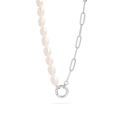PearlLink™ Half Pearl Half Paperclip Necklace | Modern Baroque Pearl Chain | Gold & Silver Layering Jewelry