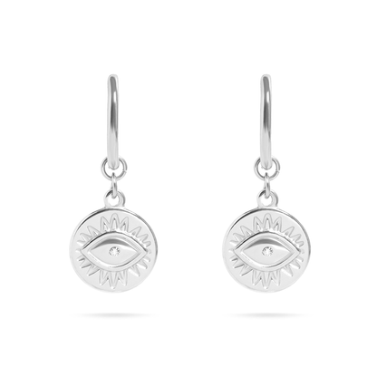 CelestiaEye™ Evil Eye Drop Earrings – 18K Gold & Silver Protection Charm Hoops with Crystal Center