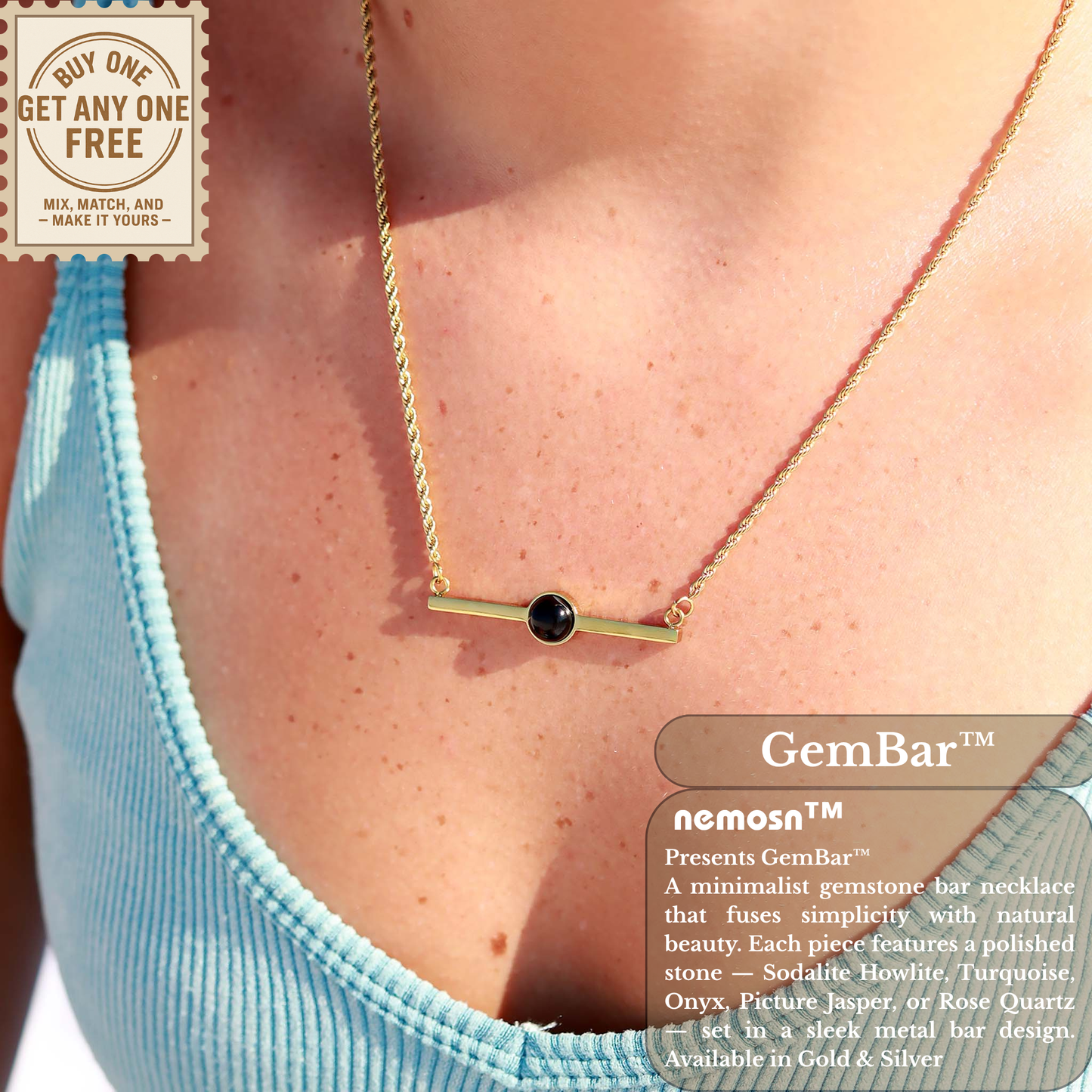 GemBar™ Minimalist Gemstone Bar Necklace | Natural Stone Pendant Jewelry in Gold & Silver