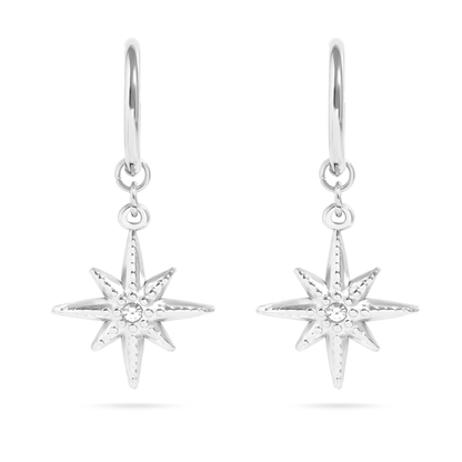 Starveil™ North Star Drop Earrings – 18K Gold & Silver Celestial Dangle Hoops with Crystal Center