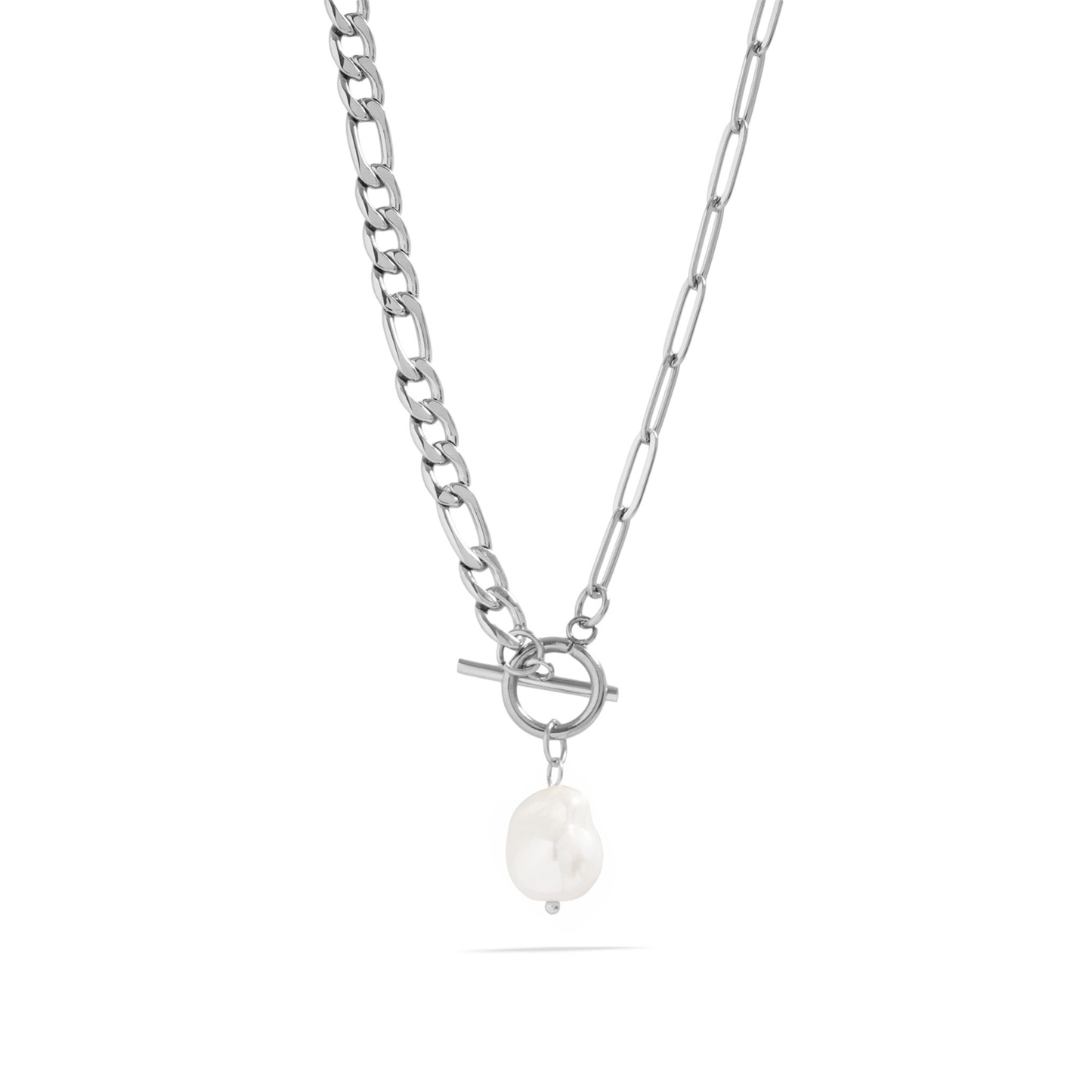 LumaPearlLink™ Baroque Pearl Toggle Necklace | Mixed Chain Statement Jewelry in Gold & Silver
