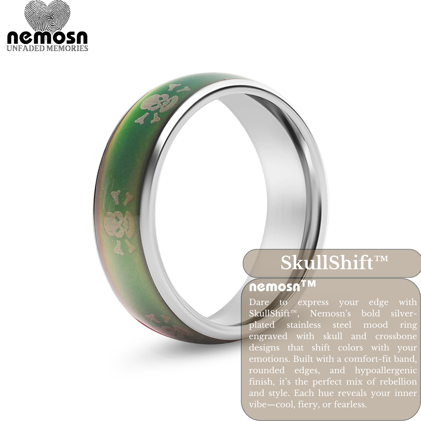 SkullShift™ Silver Mood Ring – Color Changing Stainless Steel Skull & Bones Emotion Ring