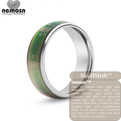 SkullShift™ Silver Mood Ring – Color Changing Stainless Steel Skull & Bones Emotion Ring