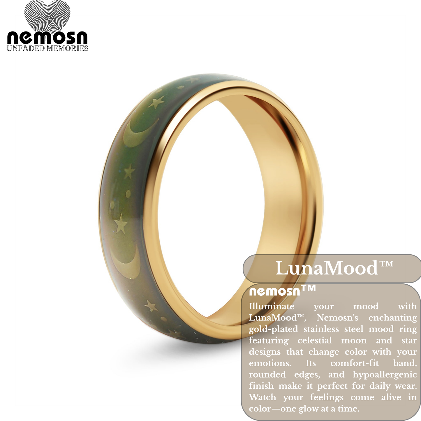 LunaMood™ Gold Mood Ring – Color Changing Stainless Steel Moon & Stars Emotion Ring