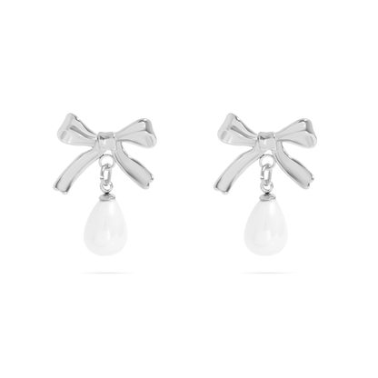 PearlBow™ Elegant Bow Drop Earrings – 18K Gold & Silver Plated Ribbon Design with Teardrop Pearl | Nemosn™ Timeless Grace Collection