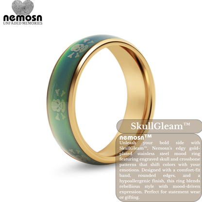 SkullGleam™ Gold Mood Ring – Color Changing Stainless Steel Skull & Bones Emotion Ring